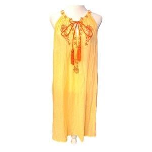 Anthro yellow long shift tassel Tie Embroidered boho flowy Dress Small keyhole